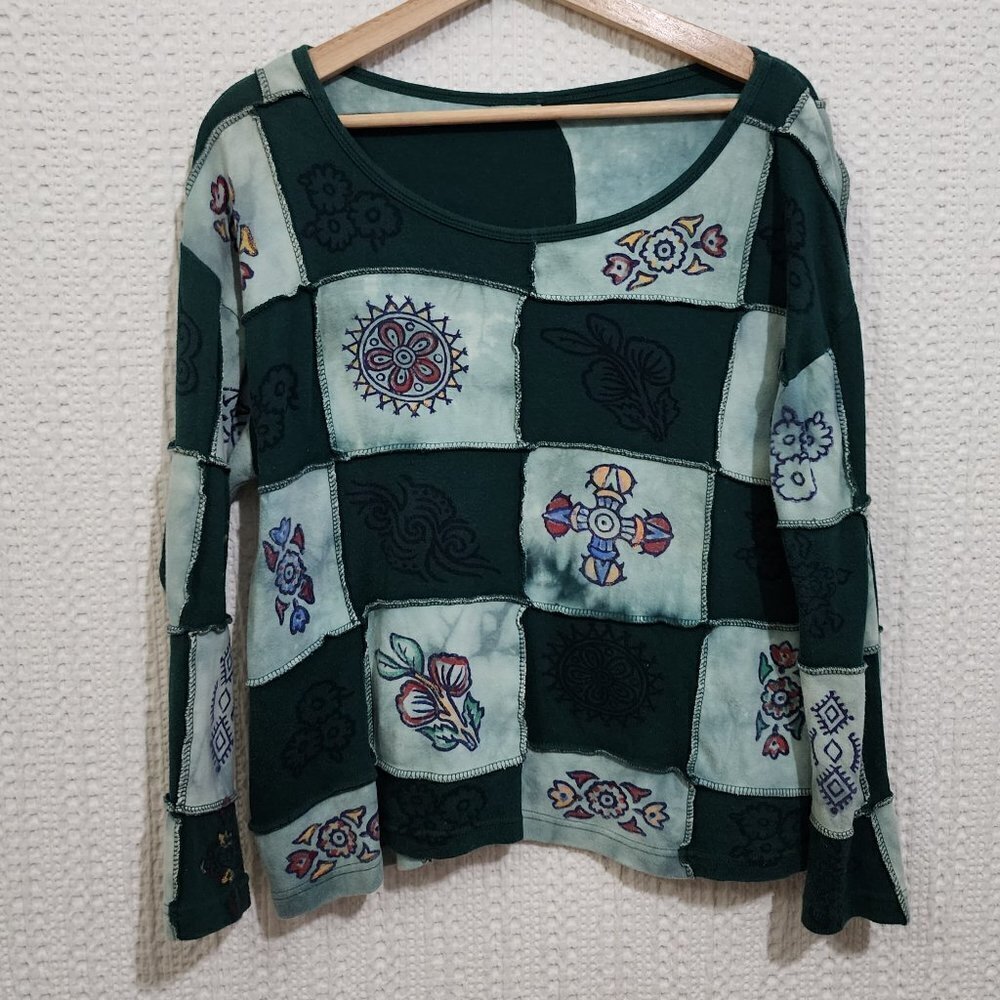Vintage Y2K Lizzie Mcguire Inspired Patchwork Long Sleeve Boxy Crop Top X-Large - Picture 3 of 15
